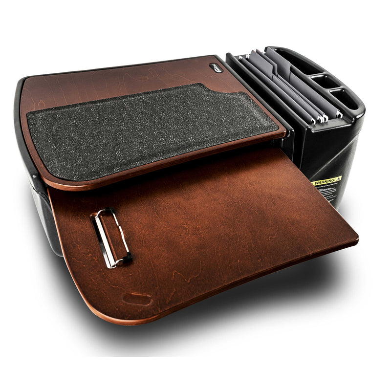 The Arkon Mounts AutoExec GripMaster Car Desk offers a dark wood surface, a convenient paper-holding clip, a textured mat to prevent slipping, and an organizer section for file folders and office supplies—making it the ideal mobile workstation for busy professionals.