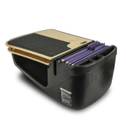 The Arkon Mounts AutoExec GripMaster Car Desk, a black portable office organizer designed as a mobile workstation, features a wooden writing surface, storage slots for folders and pens, and a convenient side label. One compartment is equipped with purple hanging file folders, making it an ideal choice for professionals who need an efficient car desk on the go.