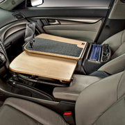 The AutoExec GripMaster Car Desk with Mega Grip™ Drill-Base Mount is installed over the passenger seat, transforming it into a mobile office workstation with a phone holder and organizer.