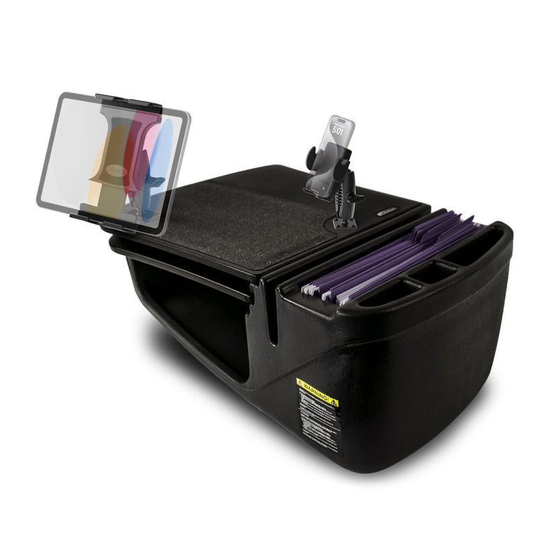 The AutoExec GripMaster Car Desk with Mega Grip™ and Slim-Grip® Ultra Pro Drill-Base Mounts features multiple compartments for files, folders, a tablet holder, and a phone mount—perfect for keeping documents and devices organized and within reach in your vehicle. This versatile mobile workstation doubles as a convenient car desk, making it easy to stay productive on the go.