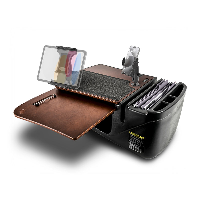 The AutoExec GripMaster Car Desk, featuring a brown writing surface, is designed as a compact mobile workstation with Mega Grip™ and Slim-Grip® Ultra Pro Drill-Base Mounts. It includes dedicated slots for documents, pen holders, phone and tablet mounts, and a glass panel showcasing color swatches—keeping essentials like folders, pens, and your phone organized and easily accessible on the go.