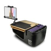 The AutoExec GripMaster Car Desk with LockVise™ Locking Tablet Holder and Multi-Angle Mount is an ideal black portable mobile workstation, offering a wooden work surface, clipboard, file folders, pen holders, and a mounted locking tablet holder for enhanced security.