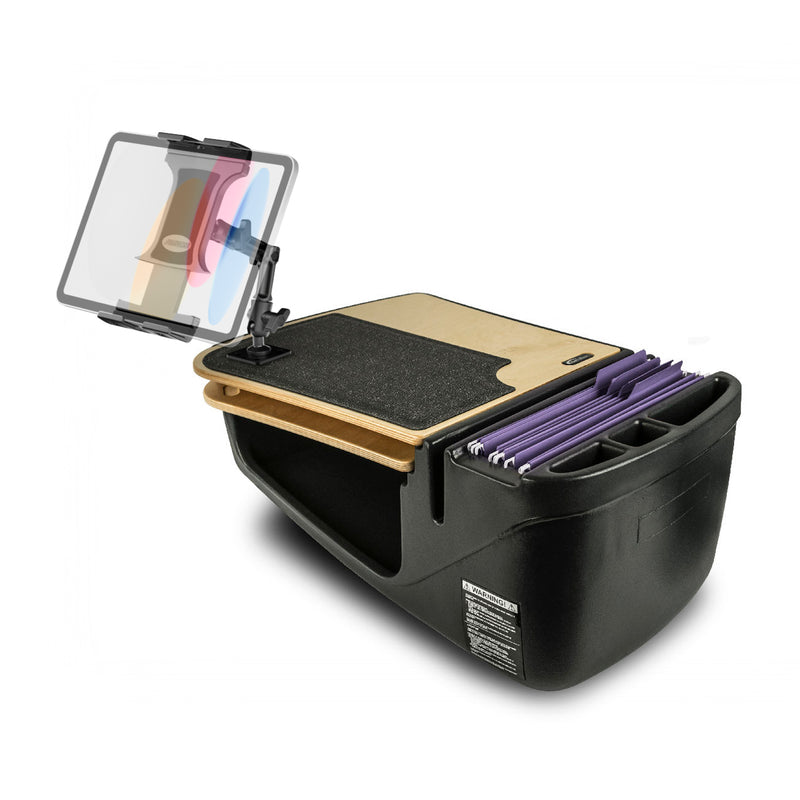 The AutoExec GripMaster Car Desk with Slim-Grip® Ultra Pro Multi-Angle Mount by Arkon Mounts features a black organizer with handles, a wooden clipboard surface, a built-in tablet holder, slots for folders with purple tabs, and compartments for office supplies—engineered as the ultimate mobile office car desk for convenient workspace on the go.