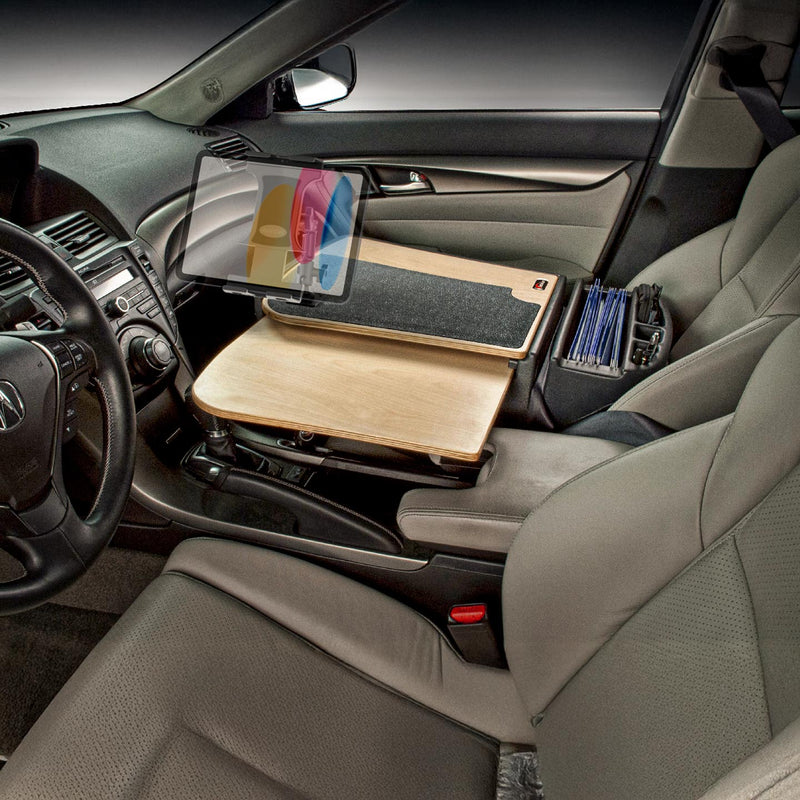 Transform your vehicle into an efficient mobile office with the AutoExec GripMaster Car Desk featuring Arkon Mounts’ Slim-Grip® Ultra Pro Multi-Angle tablet holder, which securely displays charts on your device, while integrated file organizers keep important documents neatly arranged on the passenger side.