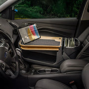 The AutoExec GripMaster Car Desk with Slim-Grip® Ultra Pro Multi-Angle Mount by Arkon Mounts is installed on the passenger seat, providing a convenient mobile office workspace with an integrated tablet holder and file organizer.
