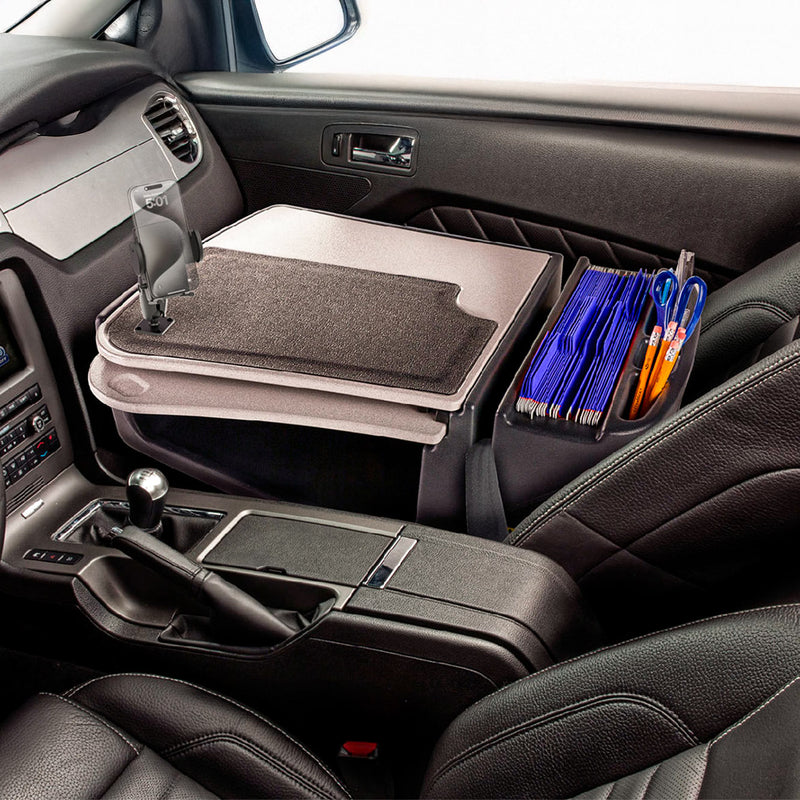 The AutoExec GripMaster Car Desk with Mega Grip™ Drill-Base Mount transforms your car’s front seat into a mobile office workstation, featuring a built-in writing pad, the secure Mega Grip phone mount, and organized spaces for files and pens—ensuring efficient productivity on the go.