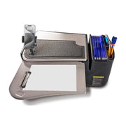 The AutoExec GripMaster Car Desk with Mega Grip™ Drill-Base Mount offers a portable mobile office workstation, complete with a phone holder, clipboard area, pen holder (with pens), and file organizer with blue folders—perfect for use in your car or on the go. Its Mega Grip™ Drill-Base Mount secures your phone for added convenience wherever you work.
