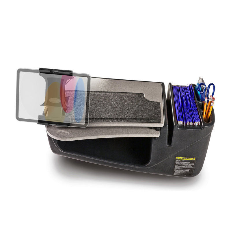 An Arkon Mounts AutoExec GripMaster Car Desk with Slim-Grip® Ultra Pro Drill-Base Mount securely holds file folders, pens, and scissors, and features a transparent overlay revealing its internal compartments and storage space—ideal for turning your vehicle into an efficient mobile workstation.