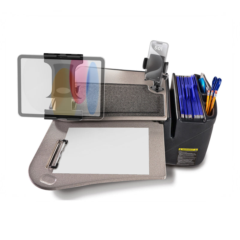 The AutoExec GripMaster Car Desk with Mega Grip™ and Slim-Grip® Ultra Pro Drill-Base Mounts shown from above features a portable design combining a clipboard, phone holder, magnifier, pen slots stocked with pens, and compartments for organizing documents—making it ideal as a mobile workstation or car desk.