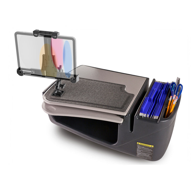 The AutoExec GripMaster Car Desk features a LockVise™ locking tablet holder with a multi-angle mount, blue folders, and convenient side pens. Its main compartment offers a textured surface and additional storage space underneath, making it the ideal mobile workstation or car desk for professionals on the move.