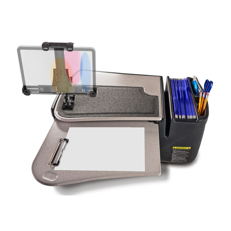 The AutoExec GripMaster Car Desk with LockVise™ Locking Tablet Holder and Multi-Angle Mount features a mobile work surface equipped with car desk functionality, a secure tablet holder, file folder slots, compartments for pens and office supplies, and a clipboard.