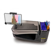 AutoExec GripMaster Car Desk with LockVise™ Locking Tablet Holder and Multi-Angle Mount features a raised, locking tablet holder, a textured writing surface, and a side compartment that holds blue folders and assorted pens. Designed as a mobile workstation, this desk is perfect for vehicle organization and efficient productivity on the go.