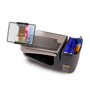 The AutoExec GripMaster Car Desk with Slim-Grip® Ultra Pro Multi-Angle Mount by Arkon Mounts is a black and gray lap desk designed for professionals seeking a practical mobile office solution. Equipped with integrated storage compartments, this portable workspace features a tablet holder and conveniently accommodates blue file folders and pens. A translucent cover allows you to easily view and organize documents or office supplies inside, making it ideal for use as a car desk or on-the-go workstation.