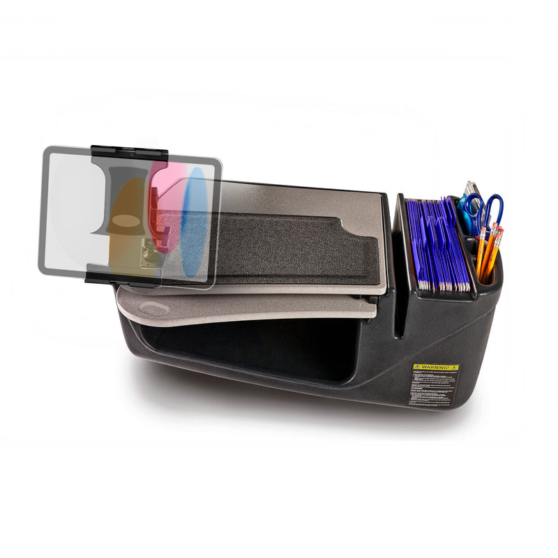 The AutoExec GripMaster Car Desk with Slim-Grip® Ultra Pro Multi-Angle Mount by Arkon Mounts functions as a mobile office in your vehicle, featuring a black design with multiple compartments for blue folders, pens, and other office supplies. It includes a fold-out tray and an integrated Slim-Grip® Ultra Pro tablet holder for added convenience. The desk also features a tinted privacy screen extending from the left side, helping you stay organized and productive while on the road.