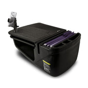 AutoExec GripMaster Car Desk with Mega Grip™ Drill-Base Mount—featuring file folders, cup holders, and multiple storage compartments to create the ideal mobile office workstation for your black vehicle. Shown on a white background.