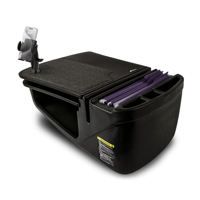 AutoExec GripMaster Car Desk with Mega Grip™ Drill-Base Mount—featuring file folders, cup holders, and multiple storage compartments to create the ideal mobile office workstation for your black vehicle. Shown on a white background.
