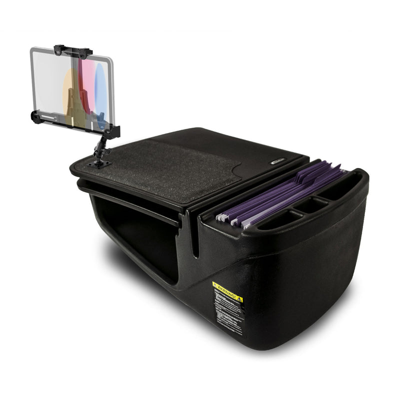 The AutoExec GripMaster Car Desk with LockVise™ Locking Tablet Holder and Multi-Angle Mount features built-in file folder slots, a spacious flat writing surface, and an attached transparent clipboard holding several colored folders. Designed to fit securely on a car seat, this mobile workstation provides convenient office functionality on the go.