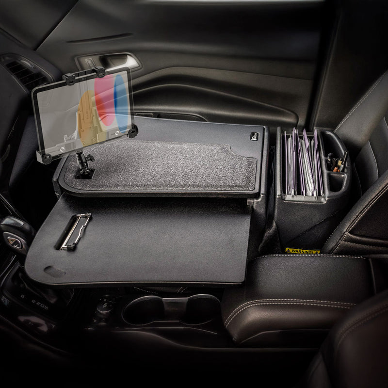 The AutoExec GripMaster Car Desk with LockVise™ Locking Tablet Holder and Multi-Angle Mount transforms your car’s front passenger seat into a mobile workstation, featuring a sturdy desk surface, secure locking tablet holder, organized file slots, and a convenient pen holder for efficient work on the go.