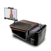 The AutoExec GripMaster Car Desk with LockVise™ Locking Tablet Holder and Multi-Angle Mount is a portable mobile workstation for your car, featuring a secure locking tablet holder, document holder, integrated filing section with folders, black storage compartment, and a durable wooden work surface.