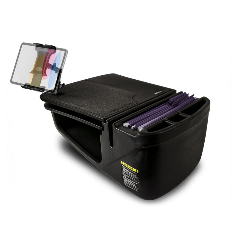 The AutoExec GripMaster Car Desk with Slim-Grip® Ultra Pro Multi-Angle Mount by Arkon Mounts is a versatile black car organizer with compartments for files, pens, and documents. Featuring a top clipboard to securely hold papers, this mobile office solution fits perfectly on your car seat and transforms your vehicle into a functional workspace.
