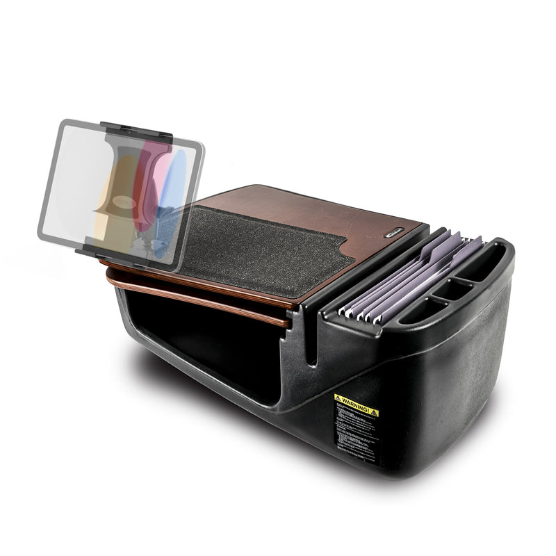Certainly! Here’s a rewritten sentence incorporating the given product data: The Arkon Mounts AutoExec GripMaster Car Desk with Slim-Grip® Ultra Pro Drill-Base Mount is a black plastic car organizer featuring a brown clipboard, side slots for colored file folders, and compartments to store pens or small items. Ideal for use as a mobile workstation, its partially lifted clipboard reveals neatly organized contents inside.