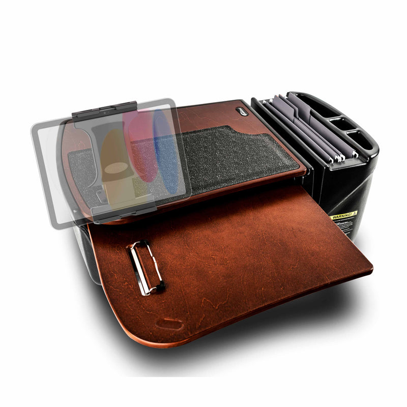 The Arkon Mounts AutoExec GripMaster Car Desk with Slim-Grip® Ultra Pro Drill-Base Mount is displayed at an angle on a white background, featuring a brown desk surface, black cushion, built-in document holder, and a detachable screen or cover—making it perfect for use as a mobile workstation.