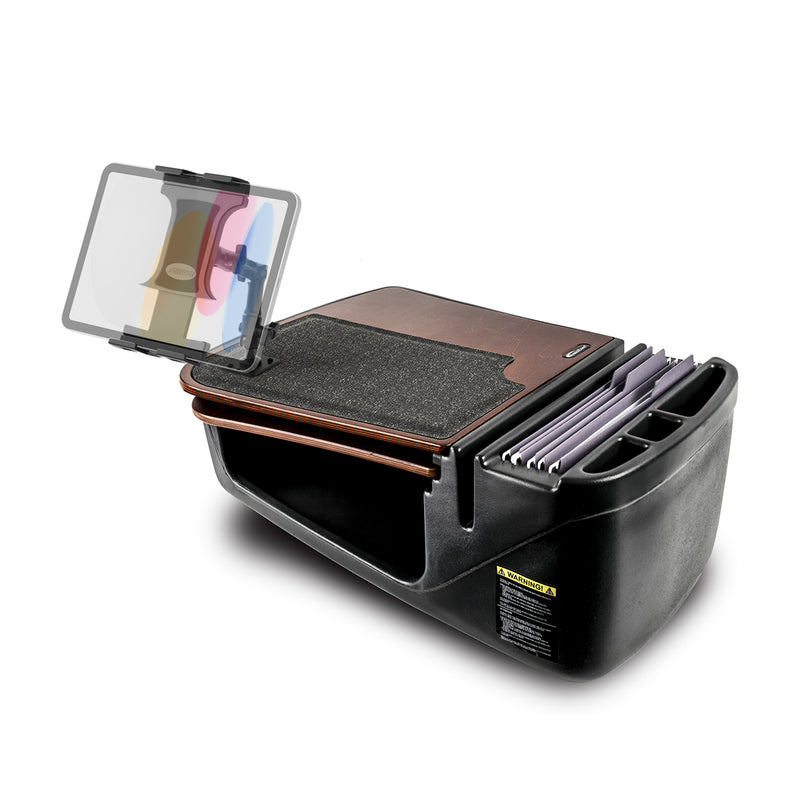 The Arkon Mounts AutoExec GripMaster Car Desk with Slim-Grip® Ultra Pro Multi-Angle Mount is a black organizer designed for your mobile office, featuring slots for hanging file folders, a clipboard with papers, a side compartment, a tablet holder, and a textured writing surface on top.