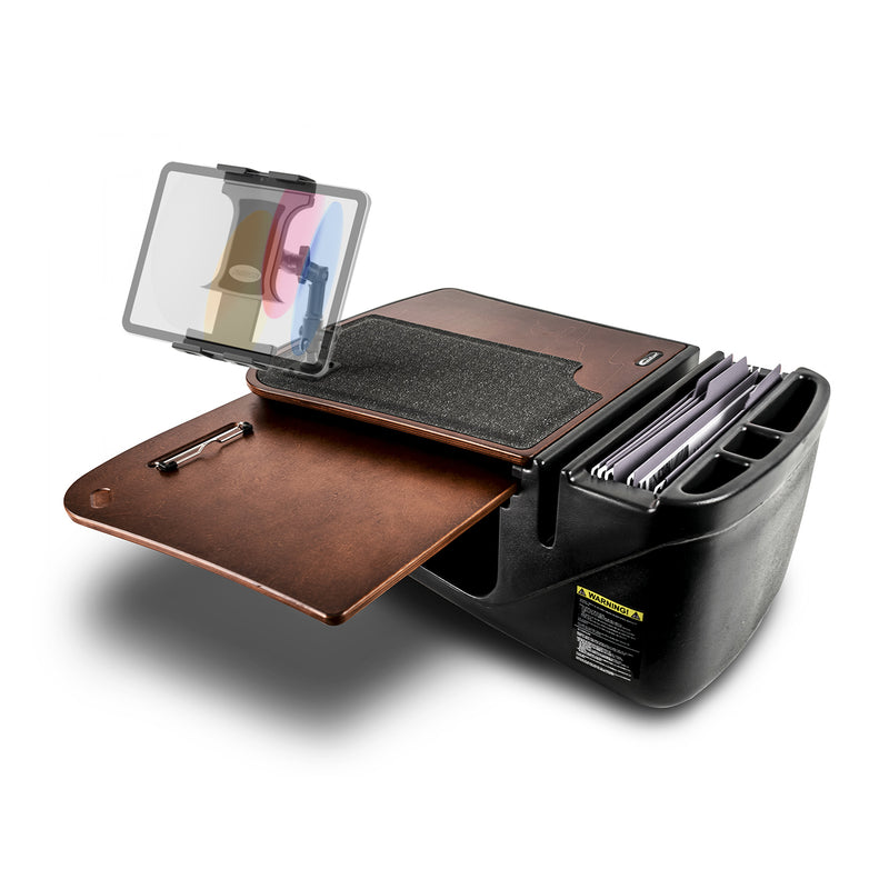 Introducing the AutoExec GripMaster Car Desk with Slim-Grip® Ultra Pro Multi-Angle Mount by Arkon Mounts—a portable black car desk featuring an organized brown writing surface, clipboard, paper storage slots, and compartments for files and office supplies. This mobile office also includes a convenient tablet holder for enhanced productivity on the road, with well-arranged sections and a clipboard securing colored folders.