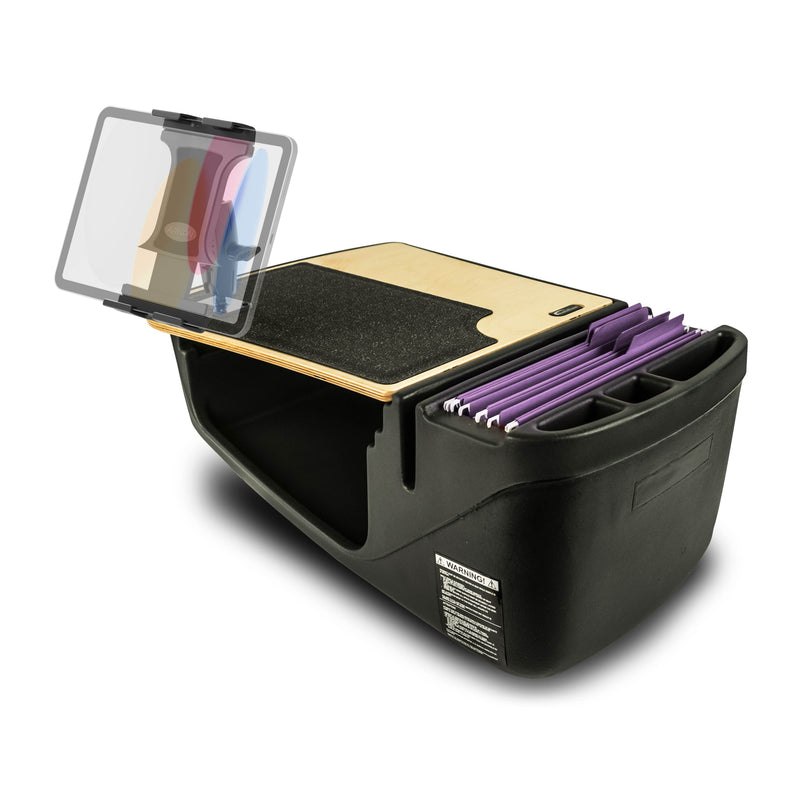 The Arkon Mounts GripMaster Efficiency Car Desk with Slim-Grip® Ultra Pro Drill-Base Mount is a black portable organizer featuring a wooden writing surface, built-in tablet holder, clipboard, cubby storage compartments, and slots for holding purple folders.