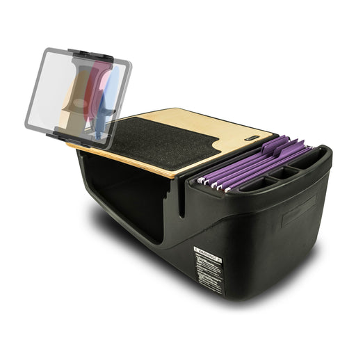 The Arkon Mounts GripMaster Efficiency Car Desk with Slim-Grip® Ultra Pro Drill-Base Mount is a black portable organizer featuring a wooden writing surface, built-in tablet holder, clipboard, cubby storage compartments, and slots for holding purple folders.