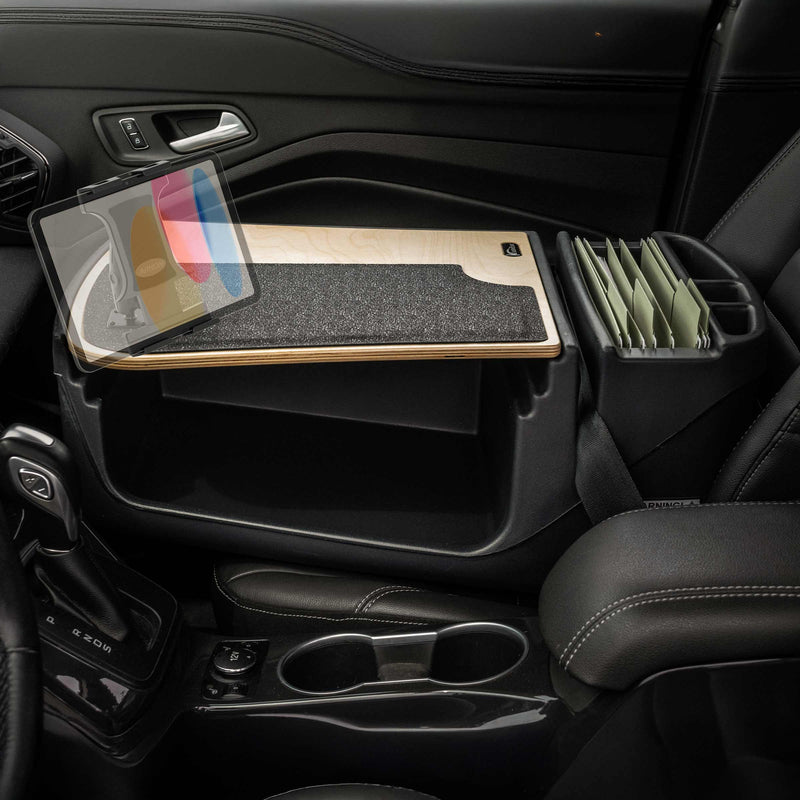 Transform your passenger seat into a mobile workspace with the Arkon Mounts GripMaster Efficiency Car Desk, featuring a built-in Slim-Grip® Ultra Pro Drill-Base Mount tablet holder on top and an organizer with folders beside it.