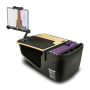The AutoExec GripMaster Efficiency Car Desk with LockVise® Locking Tablet Holder and Multi-Angle Mount is a portable mobile workstation featuring a wooden writing surface, integrated locking tablet holder, storage compartments, and several purple file folders neatly organized in dedicated slots.