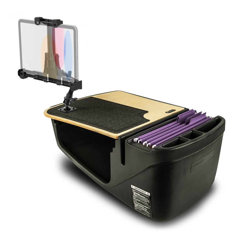 The AutoExec GripMaster Efficiency Car Desk with LockVise® Locking Tablet Holder and Multi-Angle Mount is a portable mobile workstation featuring a wooden writing surface, integrated locking tablet holder, storage compartments, and several purple file folders neatly organized in dedicated slots.