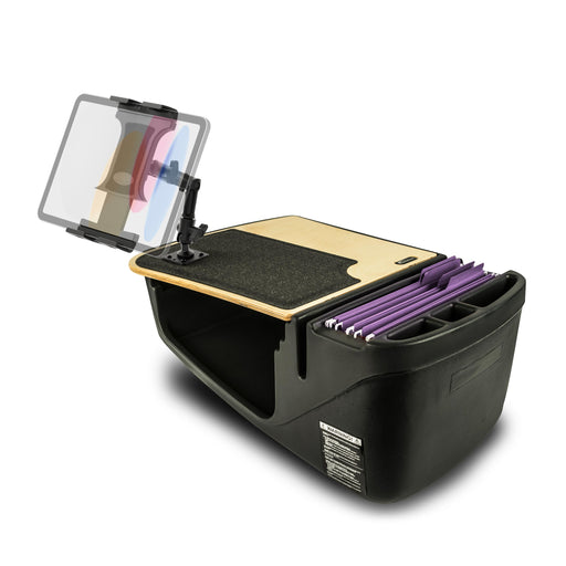 The Arkon Mounts AutoExec GripMaster Efficiency Car Desk features a black finish with a wooden writing surface, a vertical Slim-Grip® Ultra Pro Multi-Angle Mount for your tablet, dedicated slots for purple folders, and side compartments for pens or small essentials—perfectly designed to transform your car seat into an efficient mobile office workspace.