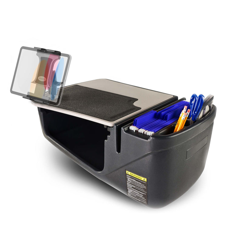 The Arkon Mounts GripMaster Efficiency Car Desk with Slim-Grip® Ultra Pro Drill-Base Mount features a black plastic organizer with a clipboard lid, open compartment, and dedicated sections for folders, pens, scissors, and sticky notes—making it the ideal compact car desk or tablet holder for busy professionals on the go.