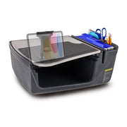 The AutoExec GripMaster Efficiency Car Desk features a spacious black organizer with a flat work surface, integrated clipboard, built-in storage for pens, scissors, and files, an open lower compartment for additional items, and includes the LockVise® Locking Tablet Holder with Multi-Angle Mount—making it an ideal mobile workstation or car desk for busy professionals on the go.
