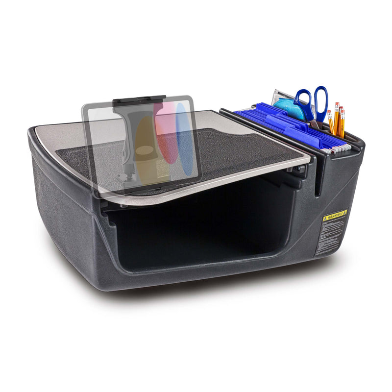 The AutoExec GripMaster Efficiency Car Desk features a spacious black organizer with a flat work surface, integrated clipboard, built-in storage for pens, scissors, and files, an open lower compartment for additional items, and includes the LockVise® Locking Tablet Holder with Multi-Angle Mount—making it an ideal mobile workstation or car desk for busy professionals on the go.