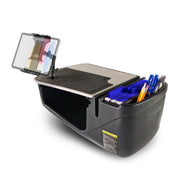 The AutoExec GripMaster Efficiency Car Desk with Slim-Grip® Ultra Pro Multi-Angle Mount by Arkon Mounts features a spacious writing surface, a built-in file holder with blue folders, a versatile tablet holder for your digital devices, and organized compartments for pens, scissors, and other office supplies—making it the ideal mobile office solution for use on the go.