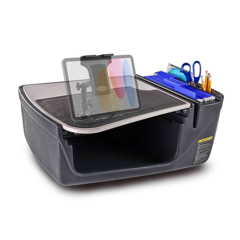 The Arkon Mounts AutoExec GripMaster Efficiency Car Desk with Slim-Grip® Ultra Pro Multi-Angle Mount is a black mobile office organizer designed for your car, featuring a fold-out writing surface, an integrated tablet holder, open storage space, plus compartments for folders, scissors, pens, and pencils—ideal for keeping your essentials organized in your car desk setup.
