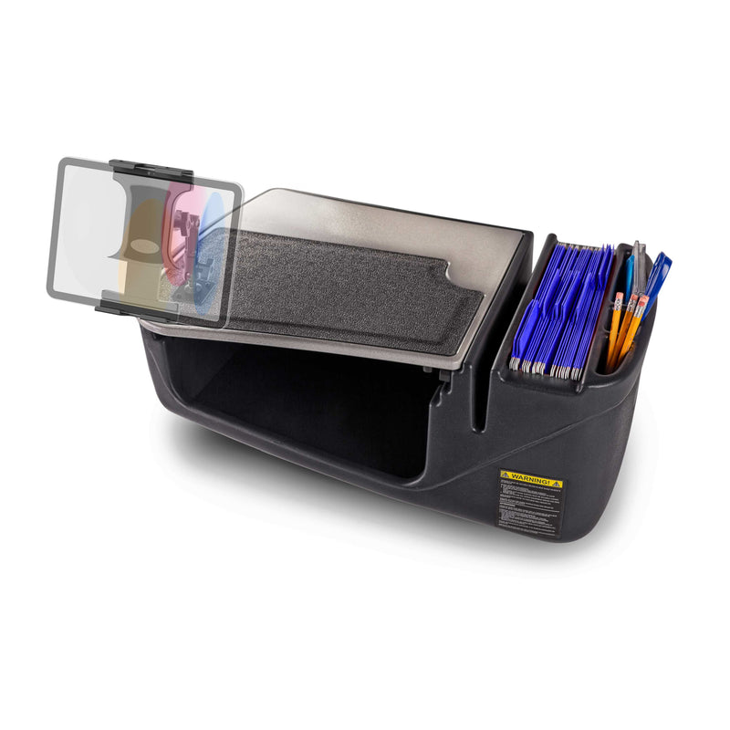 The AutoExec GripMaster Efficiency Car Desk with Slim-Grip® Ultra Pro Multi-Angle Mount by Arkon Mounts is a black car organizer designed to serve as a mobile office, featuring a clipboard top, clear phone holder, blue folders, and pens. With multiple storage compartments and a convenient design that sits securely on your car seat, this organizer helps keep your workspace efficient and organized on the go.