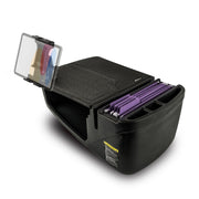 The Arkon Mounts GripMaster Efficiency Car Desk with Slim-Grip® Ultra Pro Drill-Base Mount is a black plastic car organizer featuring a clipboard, storage slot for hanging file folders, cup holders, multiple compartments, and an integrated tablet holder. This convenient car desk is shown on a white background.
