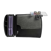 The GripMaster Efficiency Car Desk with Slim-Grip® Ultra Pro Drill-Base Mount by Arkon Mounts features a sleek black desktop file organizer equipped with multiple purple file folders, convenient side compartments for your office supplies, and a transparent document clip attached at the top right corner—ideal for keeping your workspace neat and organized, whether you’re working from home or outfitting your vehicle as a car desk. Perfectly suited to pair with accessories such as a tablet holder or drill base