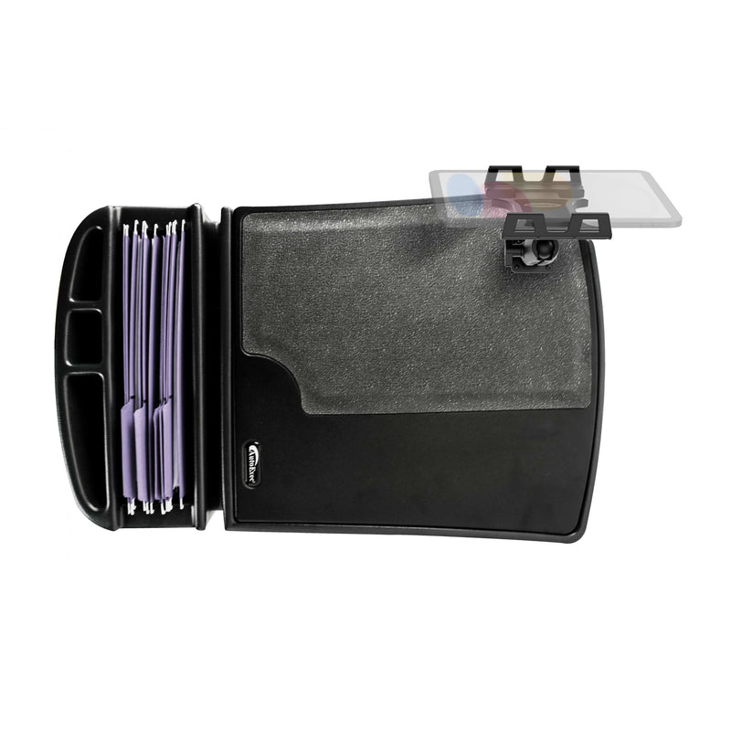 The GripMaster Efficiency Car Desk with Slim-Grip® Ultra Pro Drill-Base Mount by Arkon Mounts features a sleek black desktop file organizer equipped with multiple purple file folders, convenient side compartments for your office supplies, and a transparent document clip attached at the top right corner—ideal for keeping your workspace neat and organized, whether you’re working from home or outfitting your vehicle as a car desk. Perfectly suited to pair with accessories such as a tablet holder or drill base