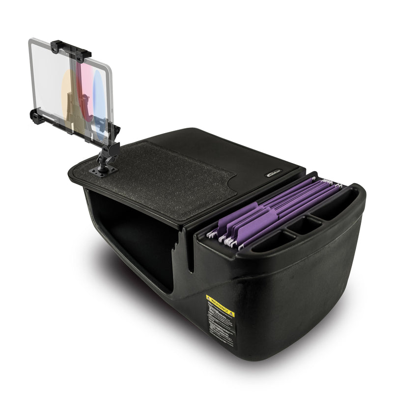 Transform your office or car workspace with the AutoExec GripMaster Efficiency Car Desk, featuring a built-in document holder, clipboard, storage compartments, and several purple hanging file folders on one side—perfect for creating a mobile workstation or pairing with the LockVise® Locking Tablet Holder and Multi-Angle Mount for secure organization wherever you work.