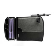 The AutoExec GripMaster Efficiency Car Desk features multiple compartments for files, a memo holder, and a LockVise® locking tablet holder with a multi-angle mount on the right side. Designed to fit securely over a car seat, this mobile workstation is perfect for keeping your workspace organized on the go.