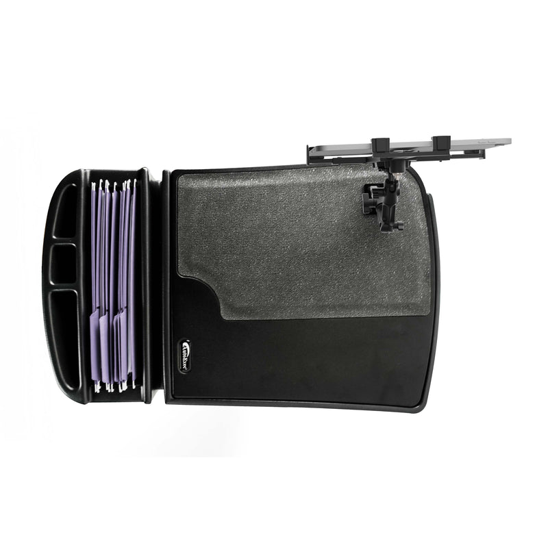 The AutoExec GripMaster Efficiency Car Desk features multiple compartments for files, a memo holder, and a LockVise® locking tablet holder with a multi-angle mount on the right side. Designed to fit securely over a car seat, this mobile workstation is perfect for keeping your workspace organized on the go.