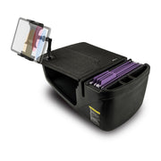 The Arkon Mounts AutoExec GripMaster Efficiency Car Desk with Slim-Grip® Ultra Pro Multi-Angle Mount features a black design, a raised file folder section, a non-slip work surface, and an adjustable tablet or clipboard holder mounted on the left side—making it ideal for setting up a mobile office on the go.