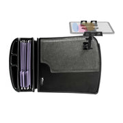 Outfitted with the Arkon Mounts AutoExec GripMaster Efficiency Car Desk featuring a Slim-Grip® Ultra Pro Multi-Angle Mount, this setup includes dedicated compartments for storage—including a tablet holder and sections for organizing folders. A mount securely displays your smartphone, making this the perfect mobile office or car desk solution for keeping your devices and documents easily accessible on the go.
