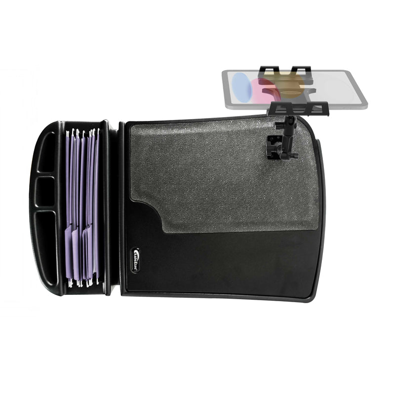 Outfitted with the Arkon Mounts AutoExec GripMaster Efficiency Car Desk featuring a Slim-Grip® Ultra Pro Multi-Angle Mount, this setup includes dedicated compartments for storage—including a tablet holder and sections for organizing folders. A mount securely displays your smartphone, making this the perfect mobile office or car desk solution for keeping your devices and documents easily accessible on the go.