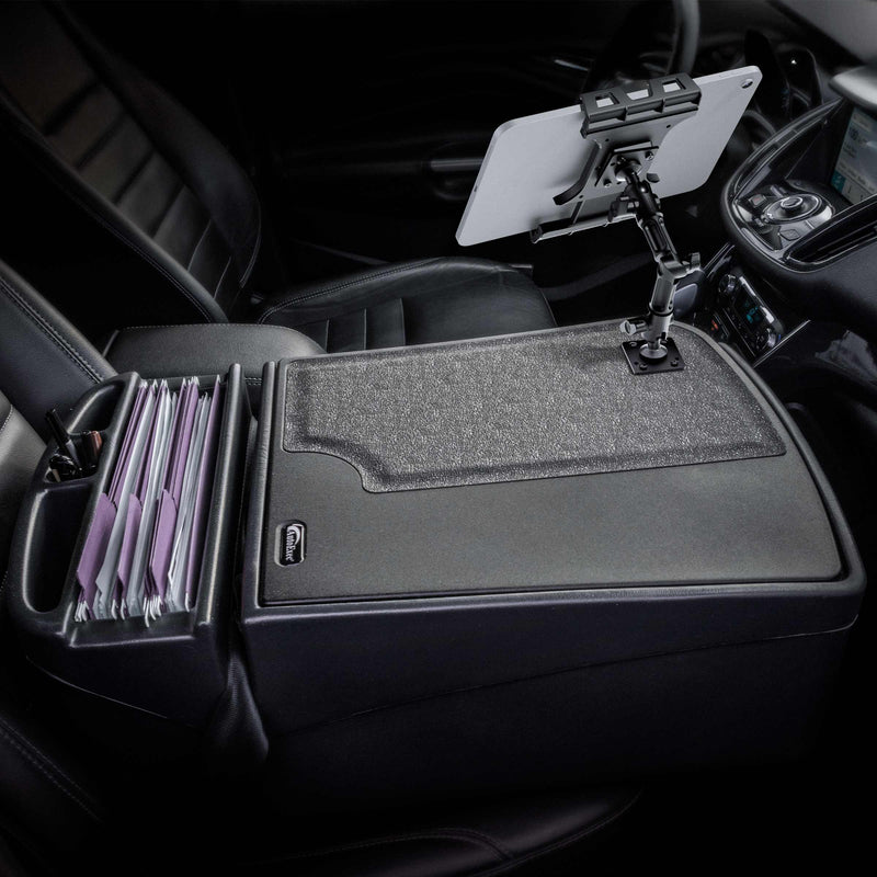 The AutoExec GripMaster Efficiency Car Desk with Slim-Grip® Ultra Pro Multi-Angle Mount by Arkon Mounts securely holds your tablet on a versatile stand attached to your car’s central armrest and features integrated file folder storage. This innovative design transforms your front seat into a professional mobile office, making it the perfect car desk solution for busy professionals on the move.
